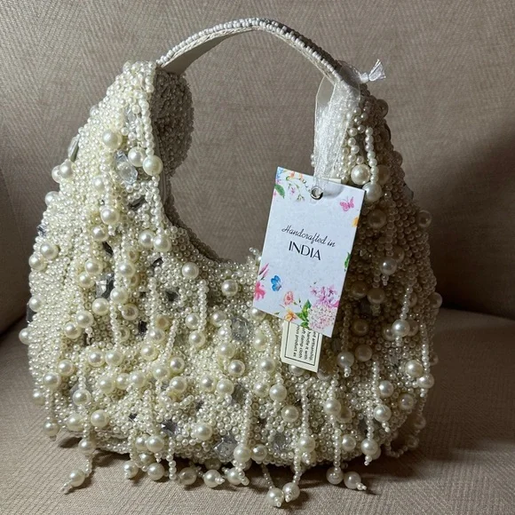 Handcrafted In India Pearl-Embellished White Mini Bag - Picture 3 of 10